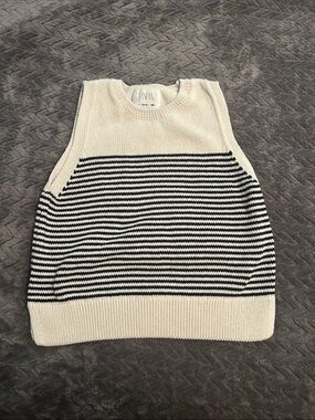 ZARA Cream & Black Striped Crewneck Sweater Vest